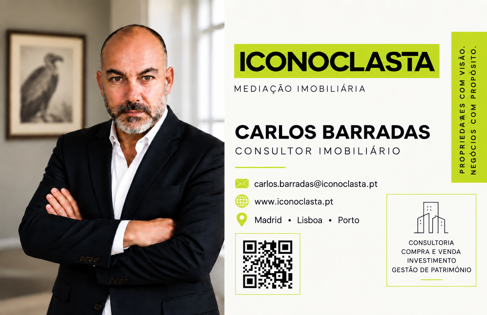 Tarjeta ficticia de Carlos Barradas como consultor inmobiliario de ICONOCLASTA